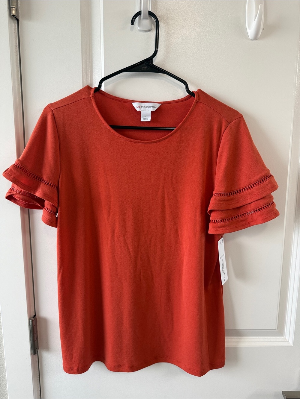 Liz Claiborne Coral-Red Short Sleeve Layered Ruffle Top